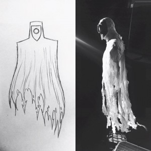Two images, side by side. The image on the left is a hand drawn image of a ghost-like creature with a face reminiscent of a gast mask, drawn by directo Chris Preksta.The image on the right is a high-contrast photograph of the final product, a ghost-like puppet with a mask-like face, created by Tolin FX.