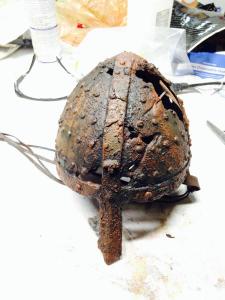 rusty metal prop helmet from the last witch hunter