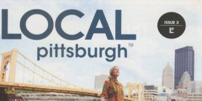 Local Pittsburgh Magazine logo and text in blue layerd over image of a woman on a yellow bridge in against the backdrop of the city.